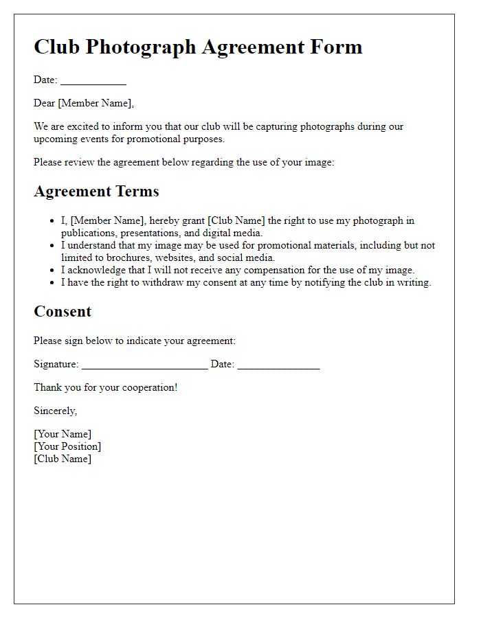 Letter template of club photograph agreement form dissemination