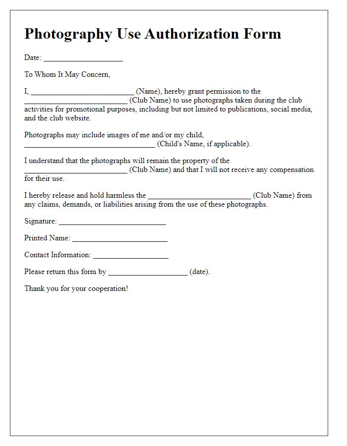 Letter template of club photography use authorization form