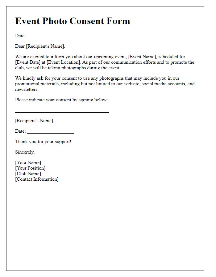 Letter template of event photo consent for club communication