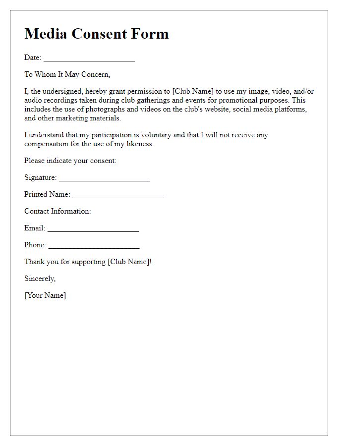 Letter template of media consent form for club gatherings