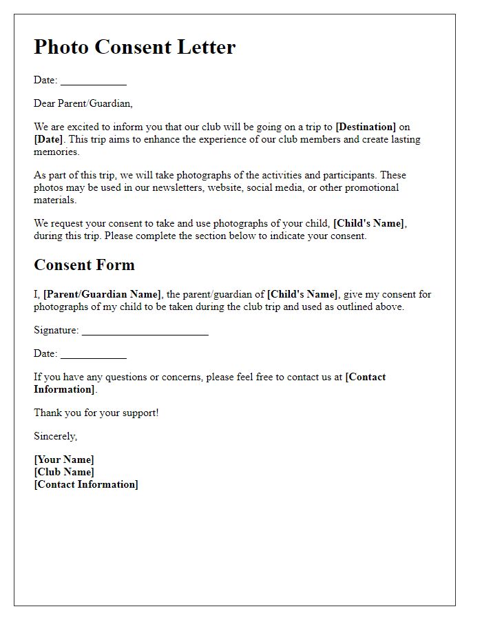 Letter template of photo consent for club trip participation