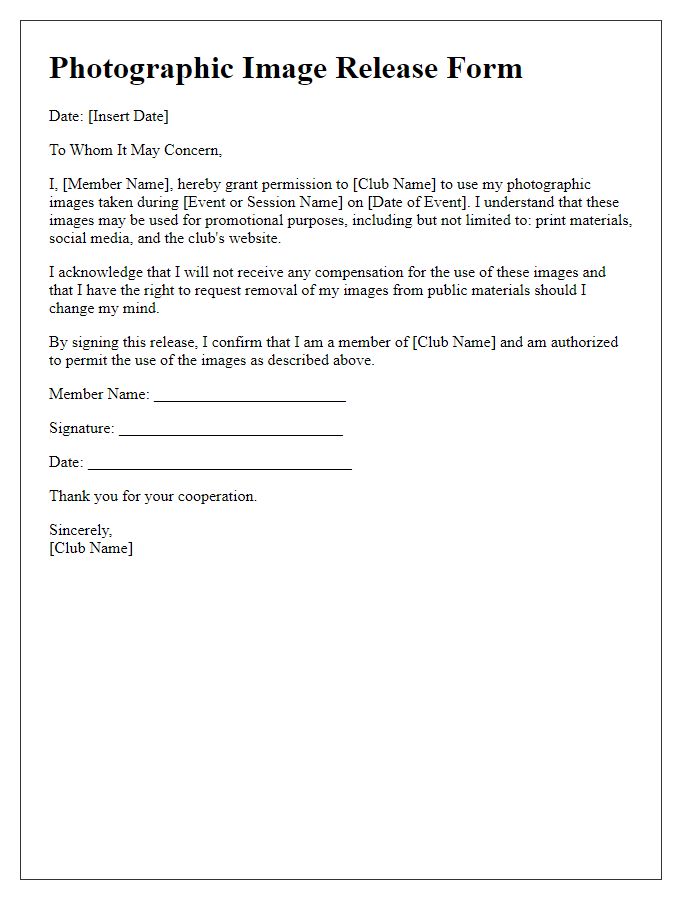 Letter template of photographic image release for club members