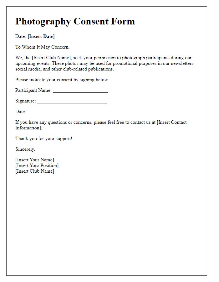 Letter template of photography consent form for club events distribution