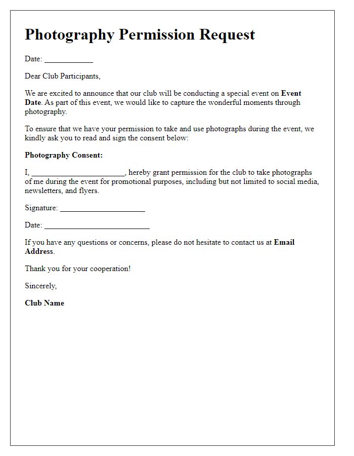 Letter template of photography permission request for club participants