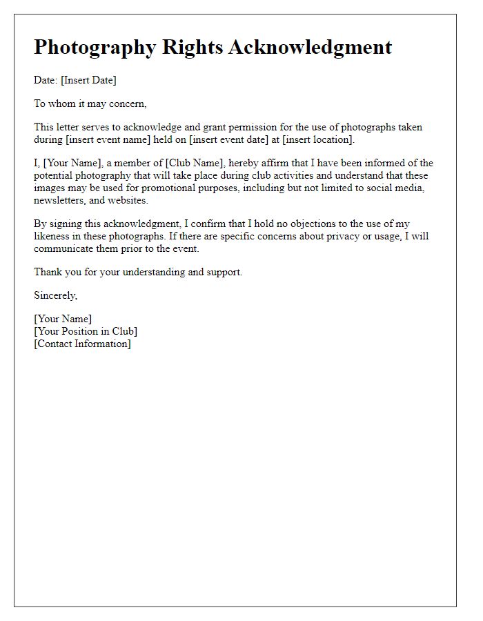 Letter template of photography rights acknowledgment for club activities