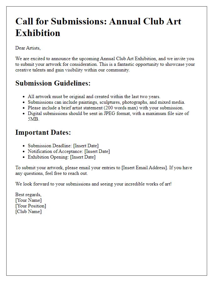 Letter template of call for submissions for club art exhibition