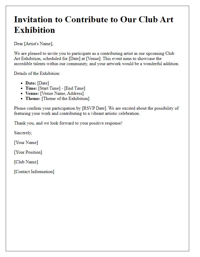 Letter template of formal invitation for contributing artists to club art exhibition