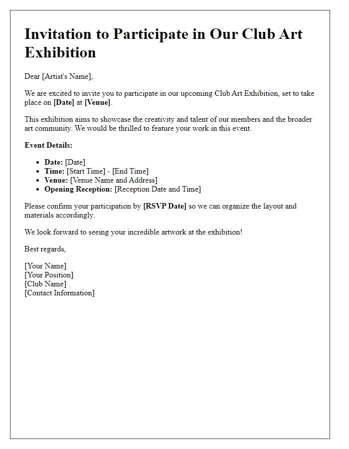 Letter template of invitation for club art exhibition participation