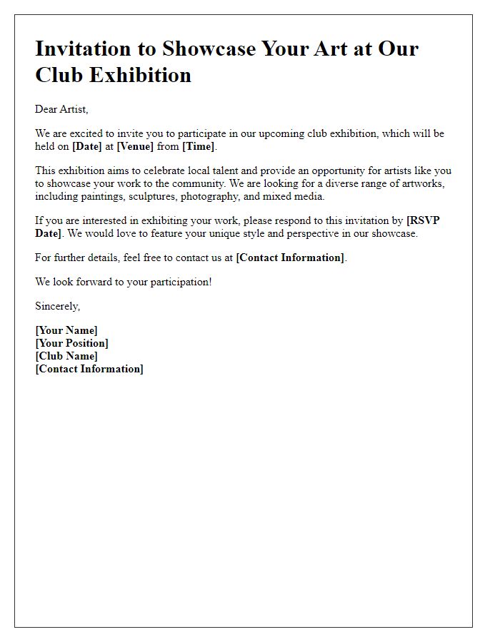 Letter template of invitation for local artists to showcase at club exhibition