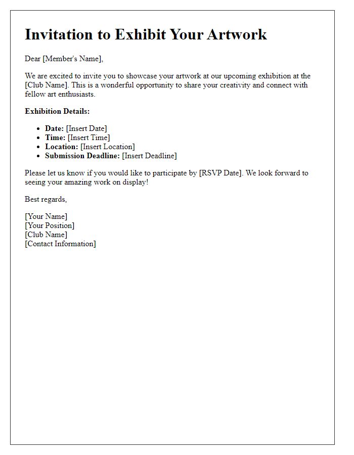 Letter template of invitation for members to exhibit artwork at the club