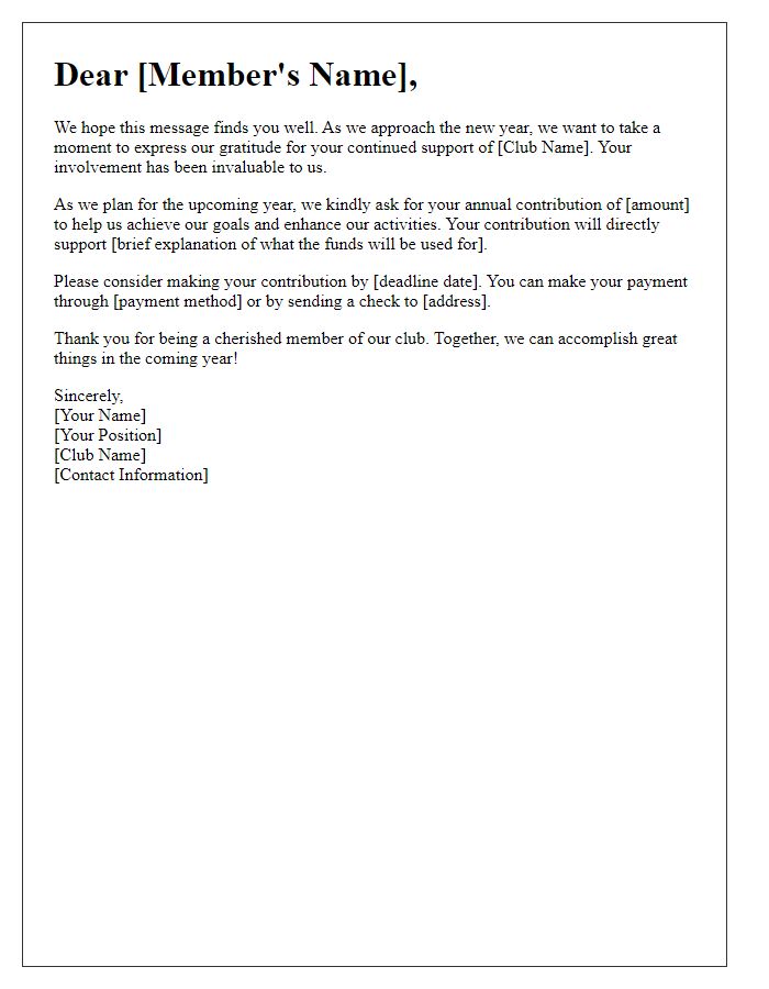 Letter template of annual contribution request for club members