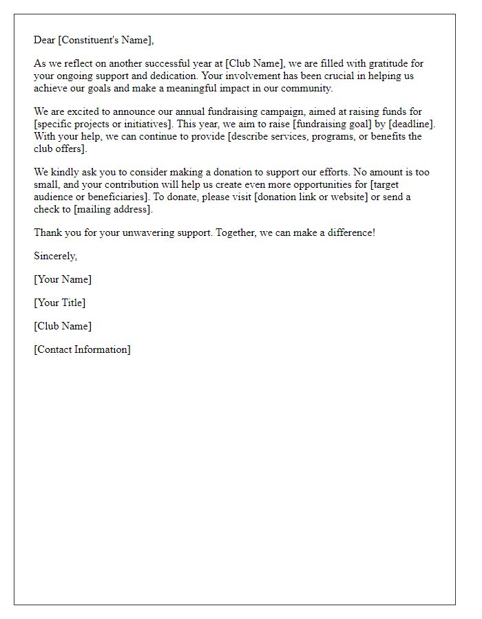 Letter template of annual fundraising plea to club constituents