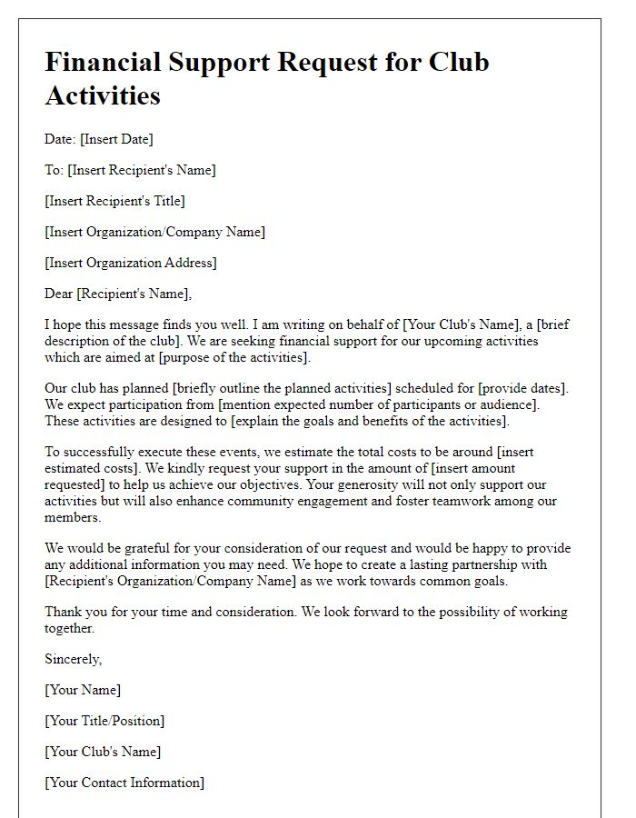 Letter template of financial support request for club activities