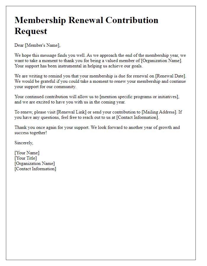 Letter template of membership renewal contribution letter for members