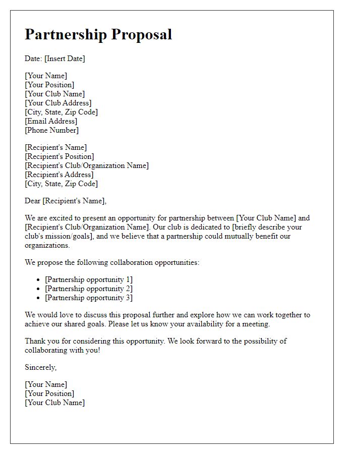 Letter template of club partnership opportunity proposal