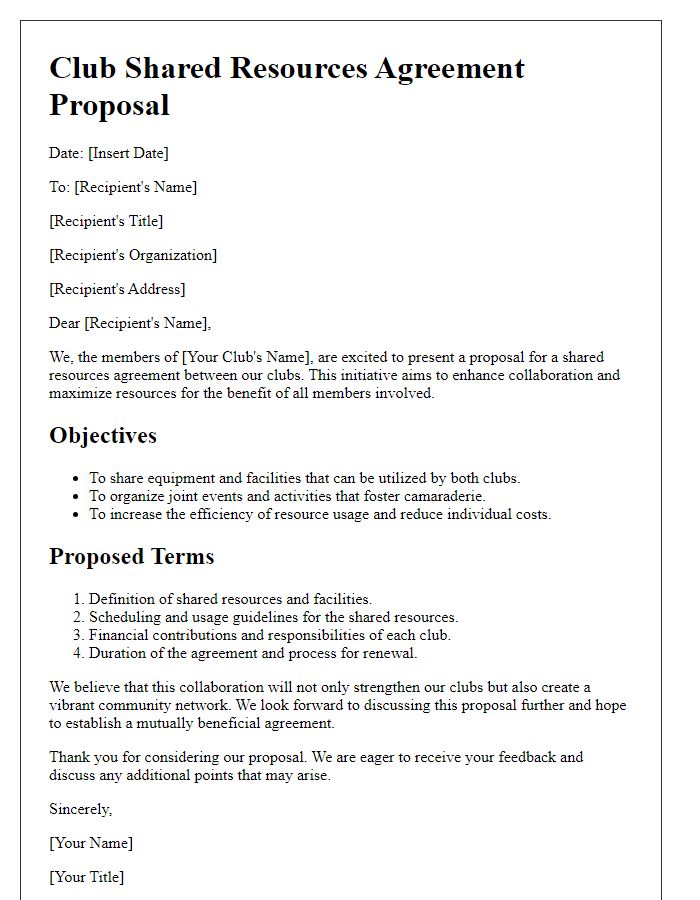 Letter template of club shared resources agreement proposal