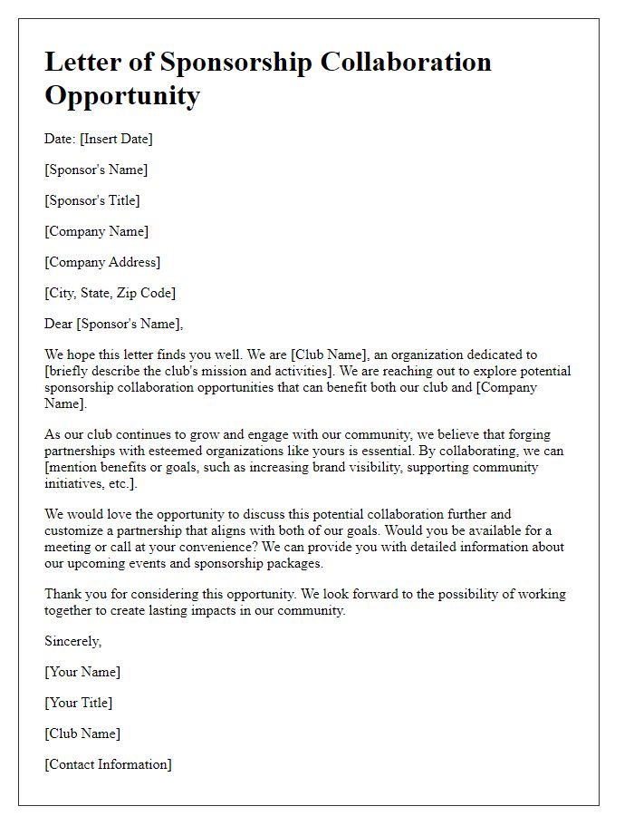 Letter template of club sponsorship collaboration opportunity