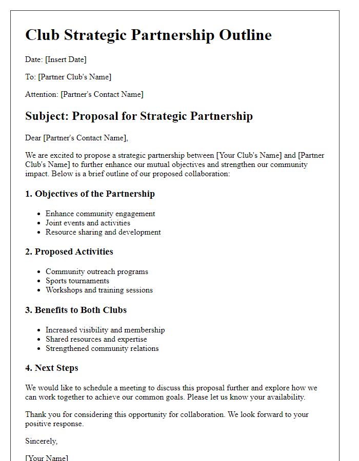 Letter template of club strategic partnership outline