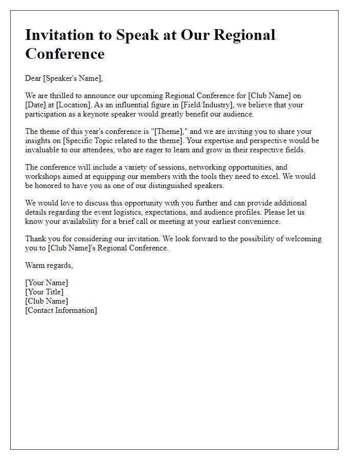 Letter template of invitation to keynote speakers for club regional conference