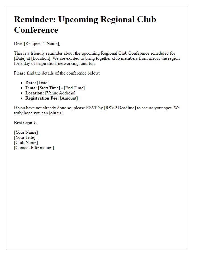 Letter template of reminder for upcoming regional club conference invitation