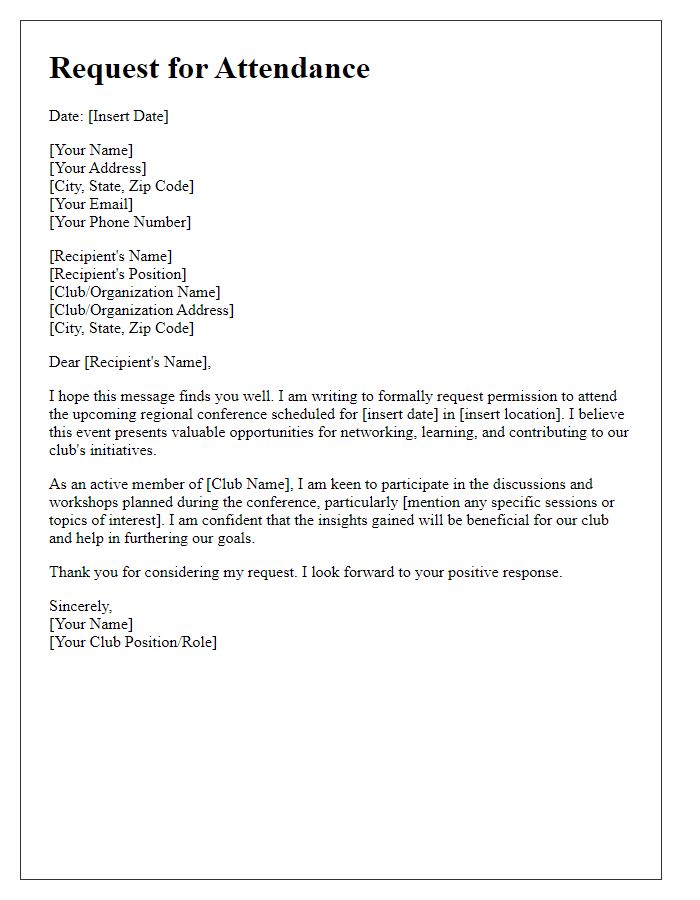 Letter template of request for attendance at club regional conference