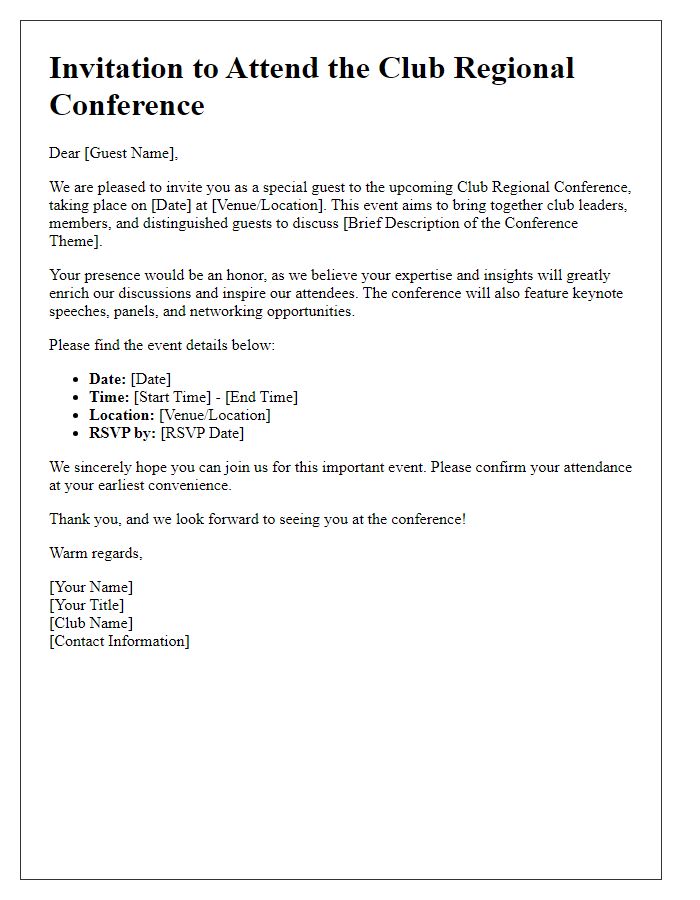 Letter template of special guest invitation for club regional conference