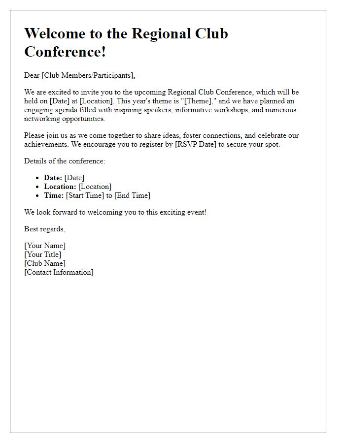 Letter template of welcome invitation to regional club conference