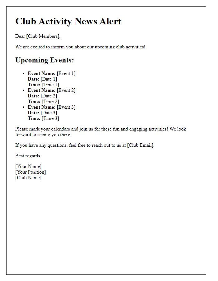 Letter template of club activity news alert