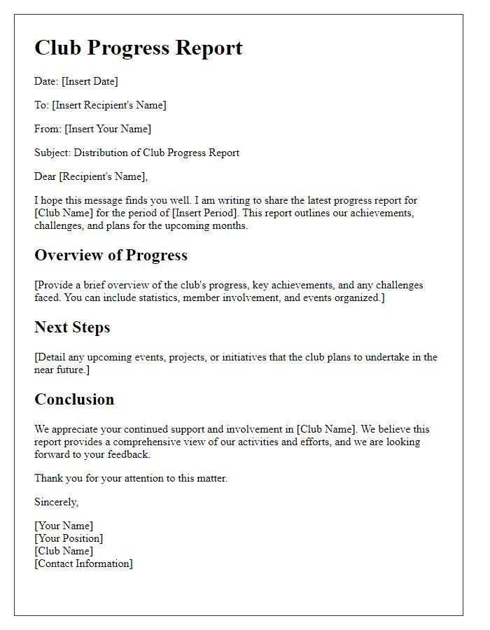 Letter template of club progress report distribution