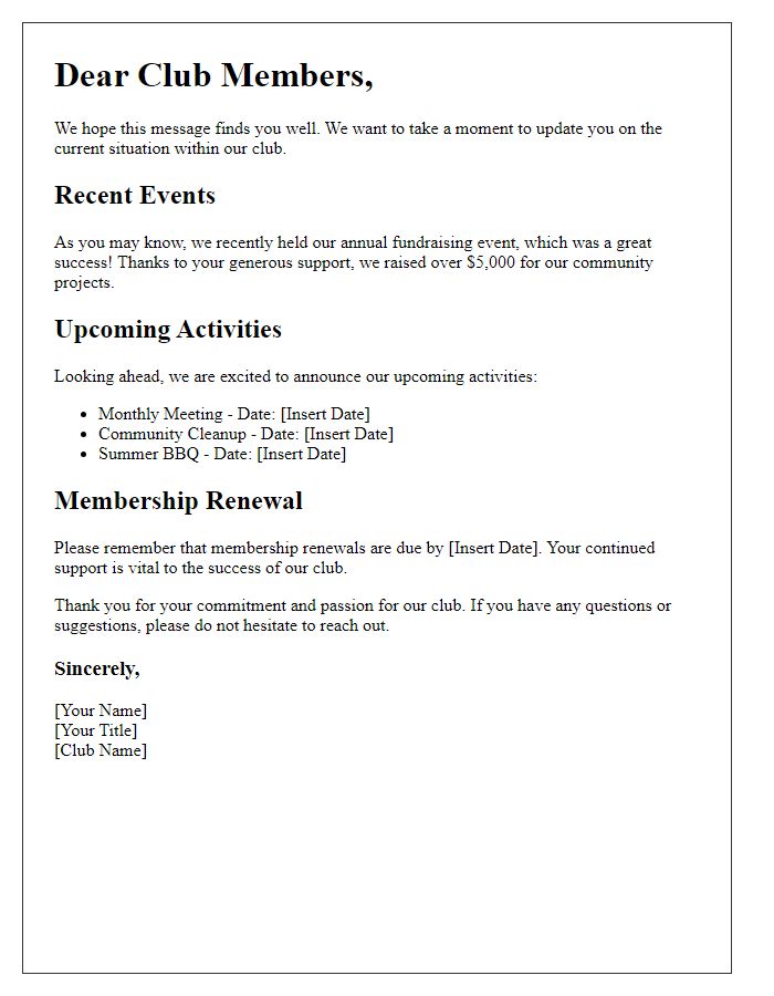 Letter template of club situation update communication