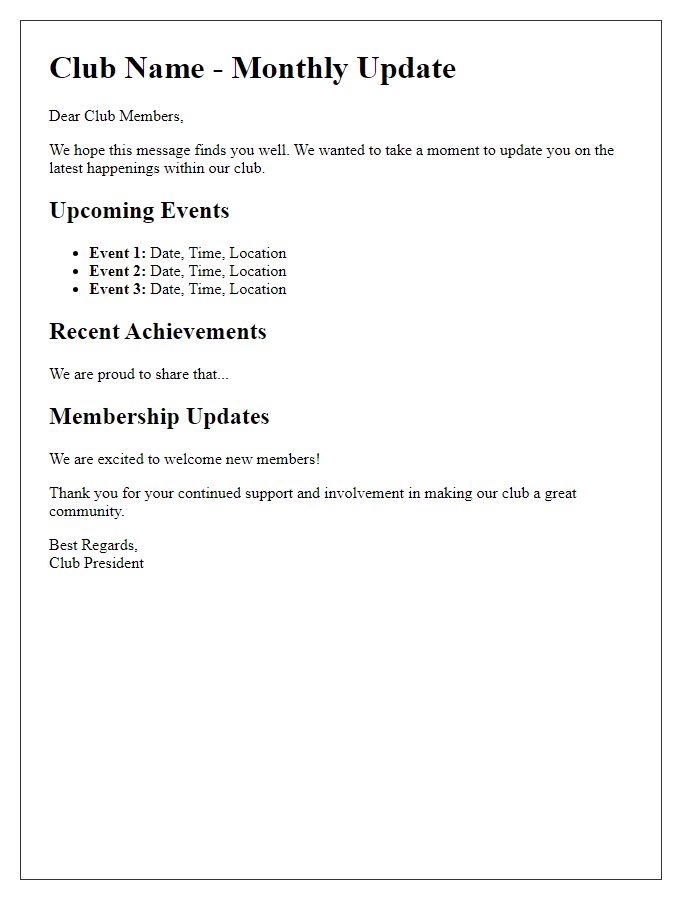 Letter template of club update communication