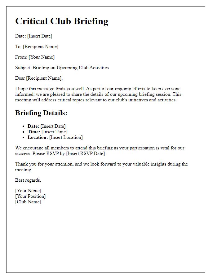 Letter template of critical club briefing dissemination