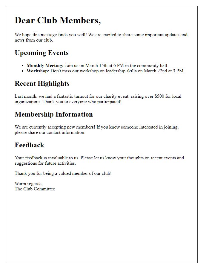 Letter template of essential club news sharing