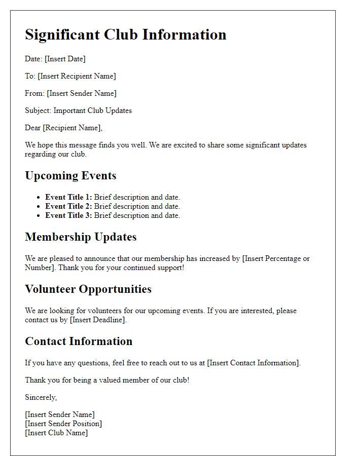 Letter template of significant club information relay