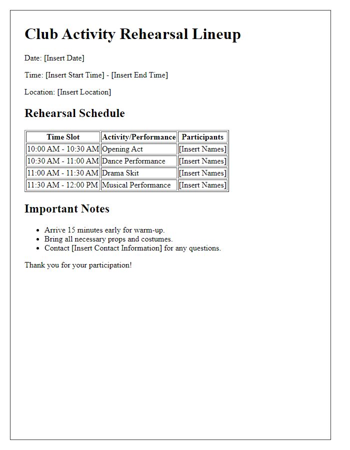 Letter template of club activity rehearsal lineup