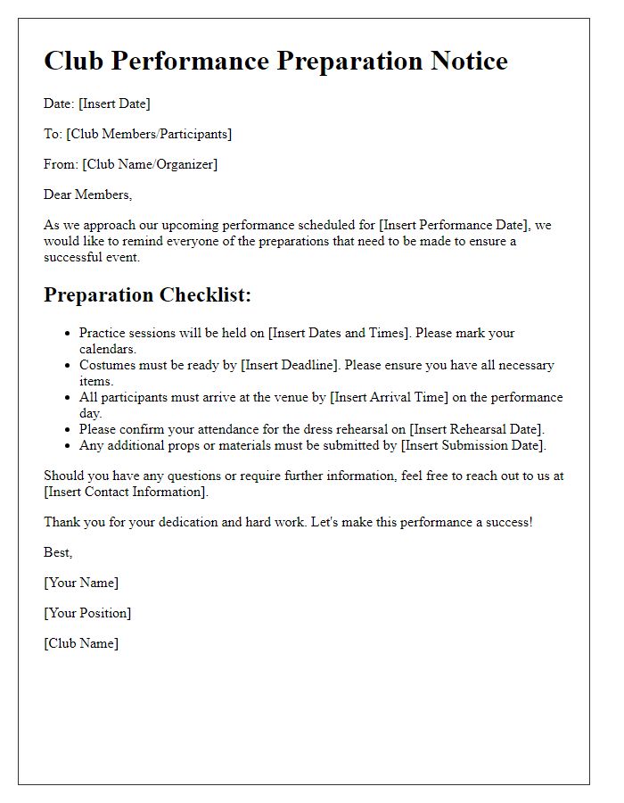 Letter template of club performance preparation notice