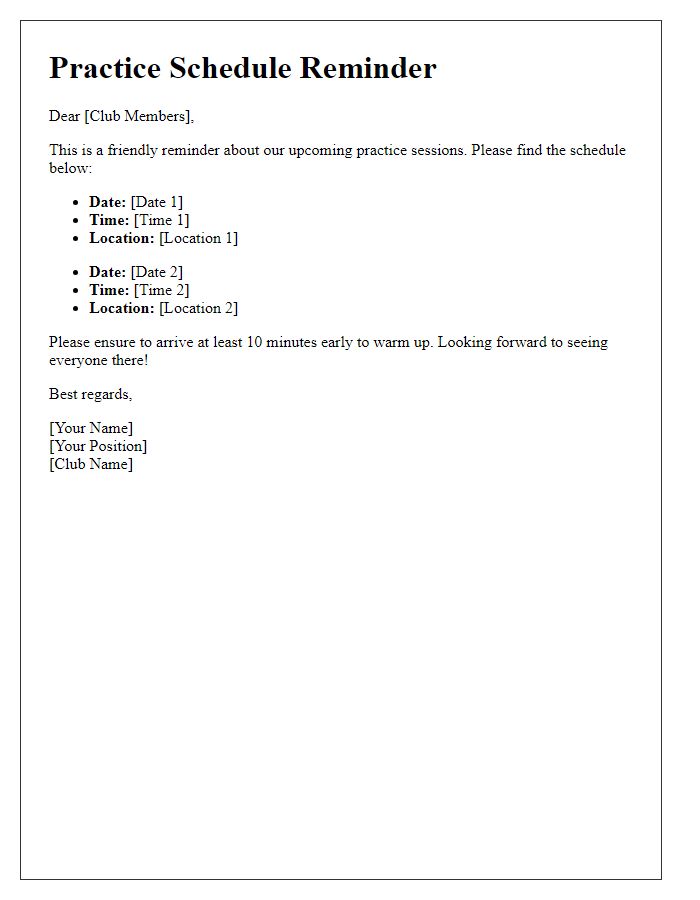 Letter template of club practice schedule reminder