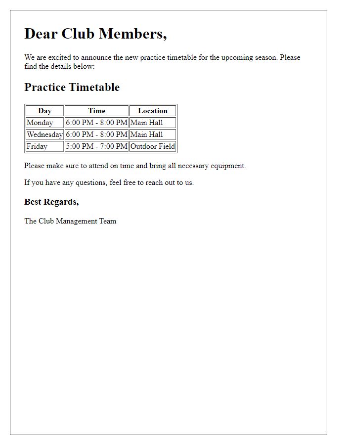 Letter template of club practice timetable notification