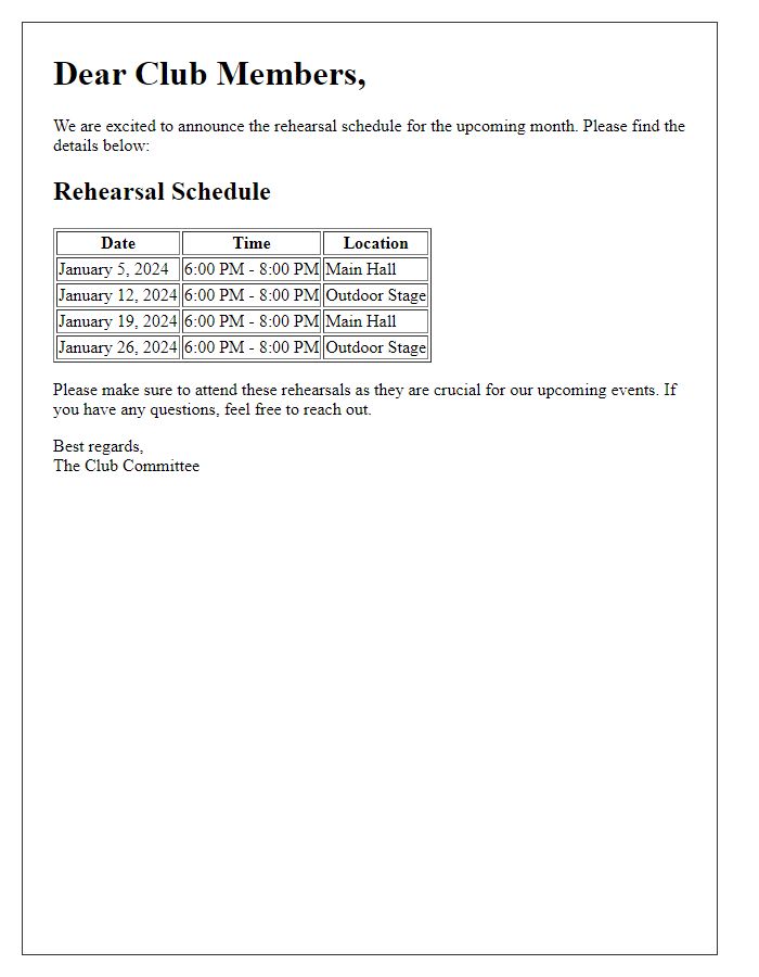 Letter template of club rehearsal schedule announcement