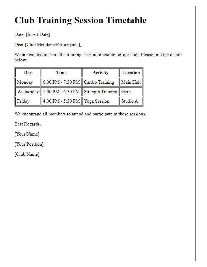 Letter template of club training session timetable