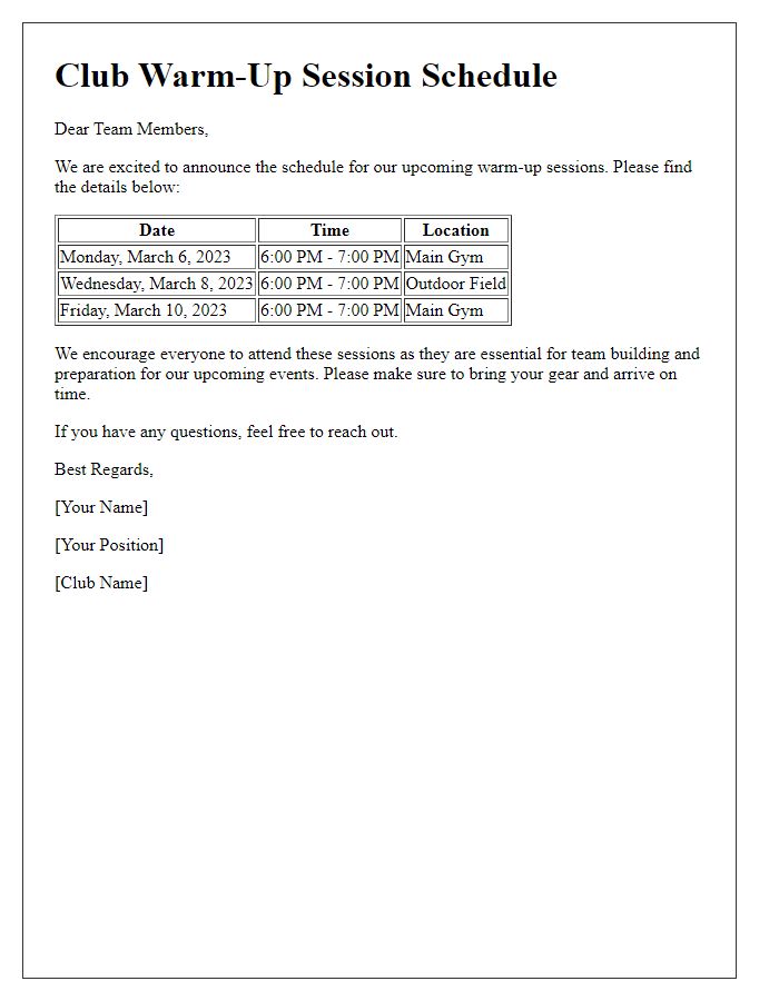 Letter template of club warm-up session schedule