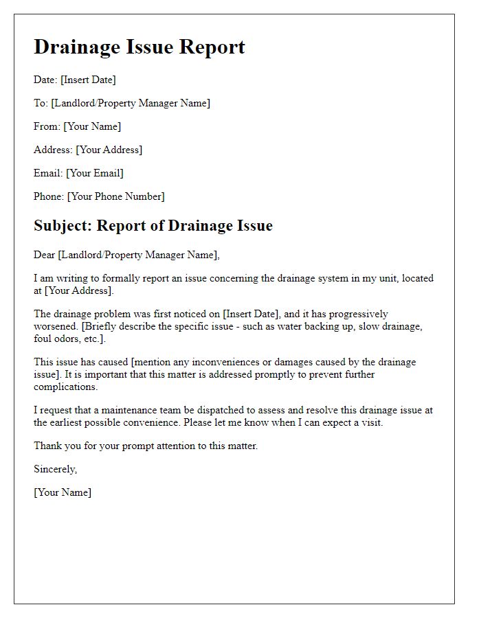 Letter template of drainage issue report for renters