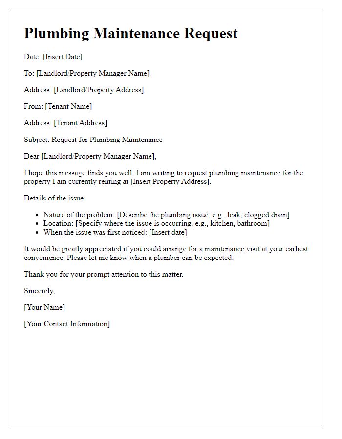 Letter template of plumbing maintenance request for tenants