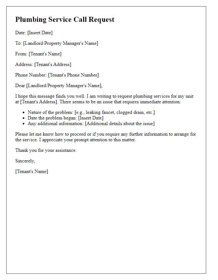 Letter template of plumbing service call request for tenants