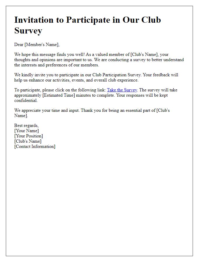 Letter template of club participation survey invitation