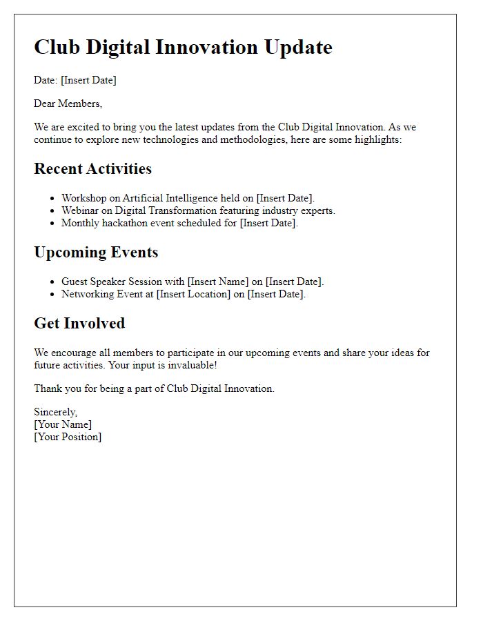 Letter template of Club Digital Innovation Update