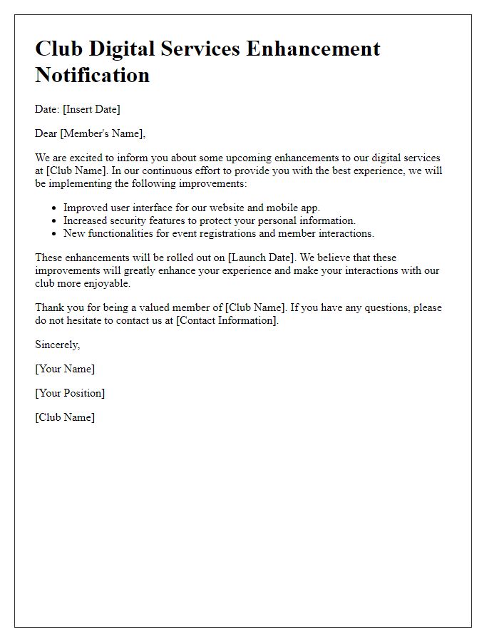 Letter template of Club Digital Services Enhancement Notification