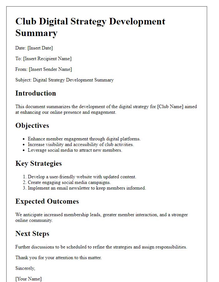 Letter template of Club Digital Strategy Development Summary