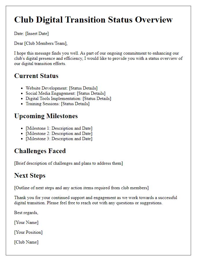Letter template of Club Digital Transition Status Overview