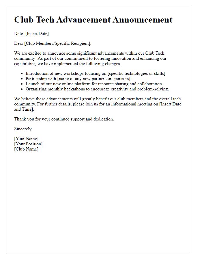 Letter template of Club Tech Advancement Announcement